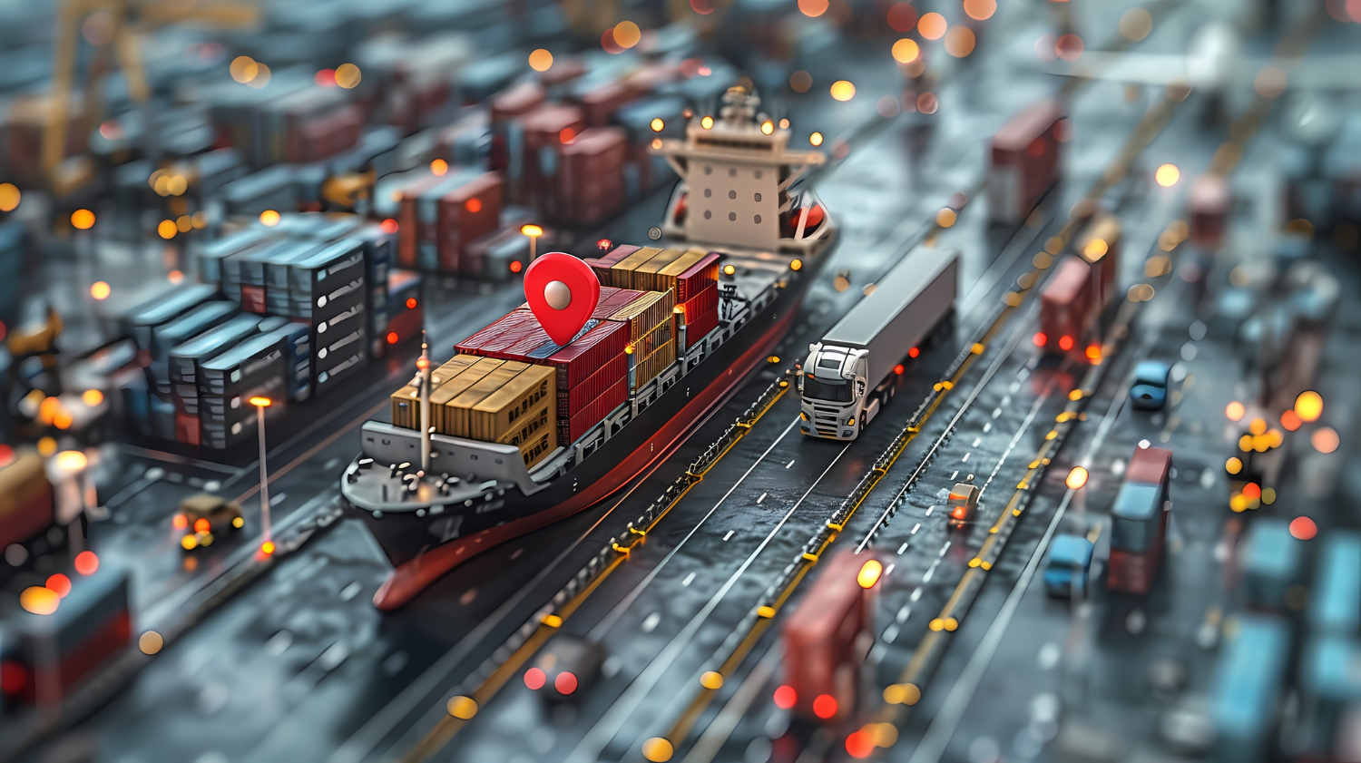 Miniature scene of a container ship and trucks at port