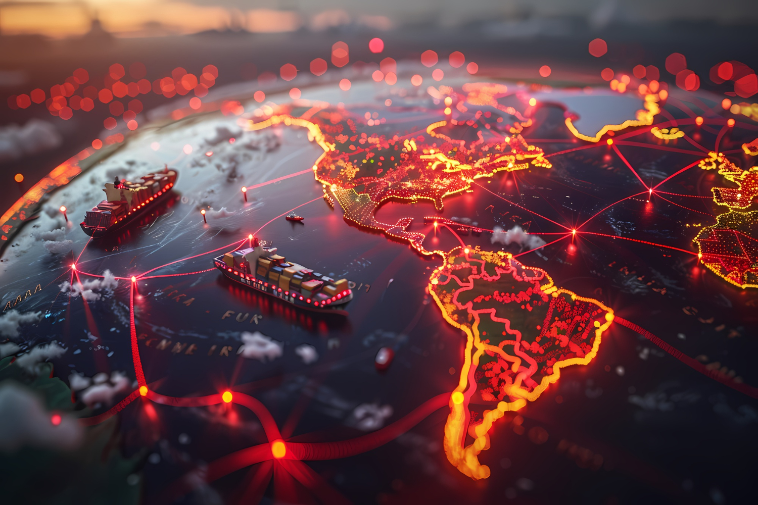 Illuminated globe showing shipping routes across East Africa and beyond